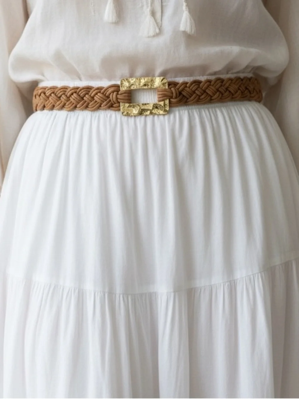 Vintage 80s Braided Cord Belt Artsy Boho Costal Large Hammered Metal Buckle Gold